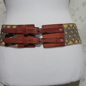 Linea Pelle Women's L Brown Leather and Yellow Geometric Elastic Waist Belt